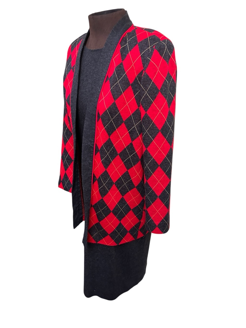 Vintage Argyle Open Cardigan and Matching Charcoal Pencil Dress Set